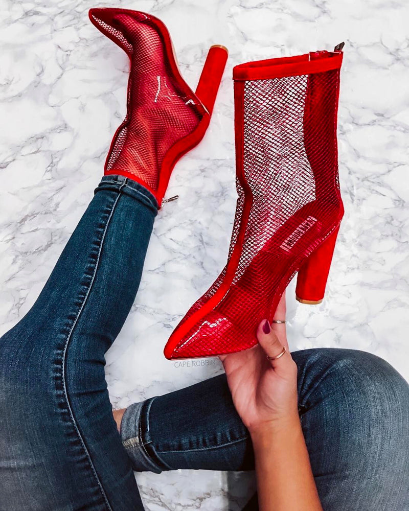 Cape Robbin - Other Woman Pointed Toe Mesh Heel Bootie in Red