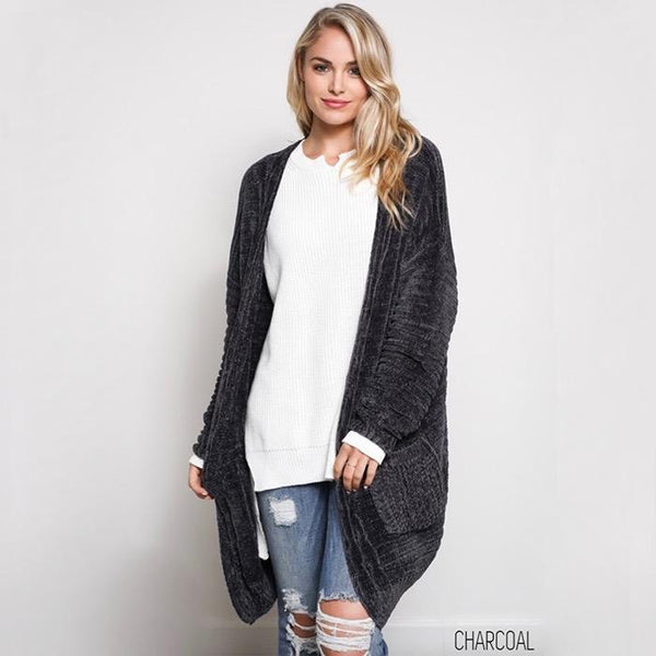 Textured Knit Shawl Cardigan in Charcoal