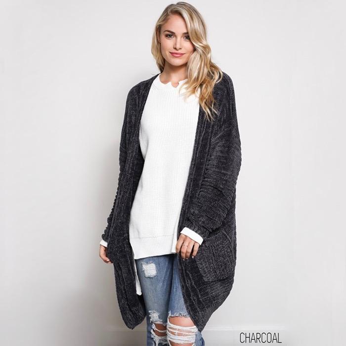 Textured Knit Shawl Cardigan in Charcoal