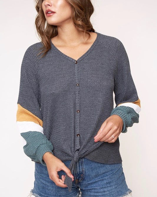 Final Sale - Color Blocked Chevron Pattern Long Sleeve Knit Top - Charcoal