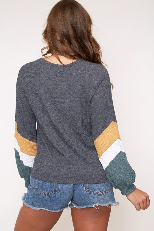 Final Sale - Color Blocked Chevron Pattern Long Sleeve Knit Top - Charcoal