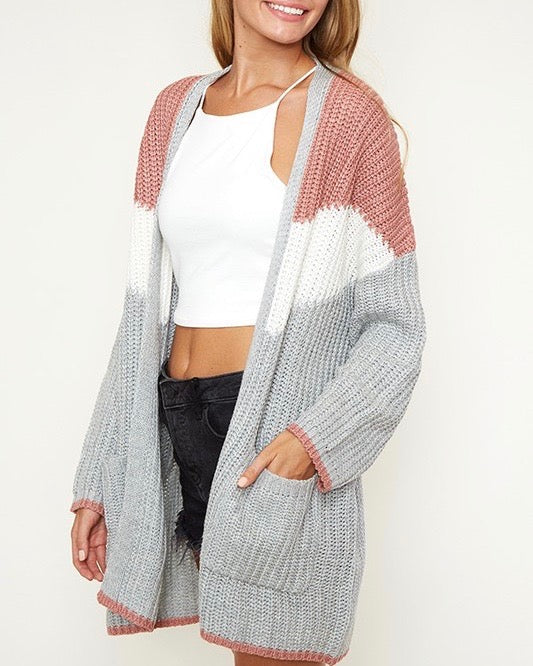 Open Front Longline Colorblock Knit Cardigan with Pockets in Mauve/Multi