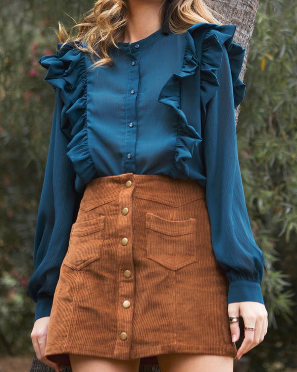 Final Sale - Corduroy Button Down Mini Skirt with Pockets in Brown