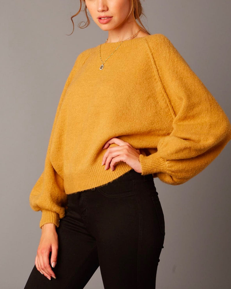 Cotton Candy LA - Bishop Sleeves and Ribbed Hem Fuzzy Knit Sweater in Honey