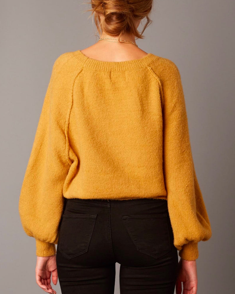 Cotton Candy LA - Bishop Sleeves and Ribbed Hem Fuzzy Knit Sweater in Honey