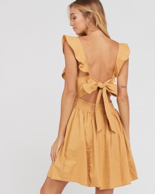 Open Bow Back Cotton Fit and Flare Mini Dress - Mustard