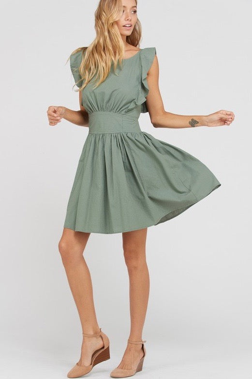 Final Sale - Open Bow Back Cotton Fit and Flare Mini Dress - Olive
