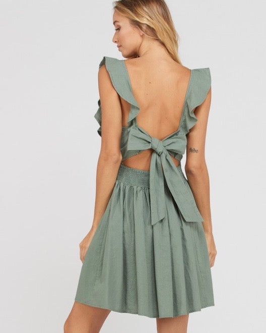 Final Sale - Open Bow Back Cotton Fit and Flare Mini Dress - Olive