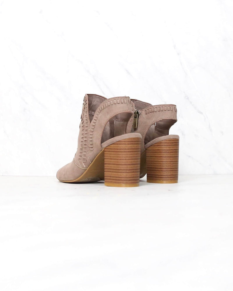 Topstitch Woven Peep Toe Boho Chic Stacked Chunky Heel Booties in Taupe