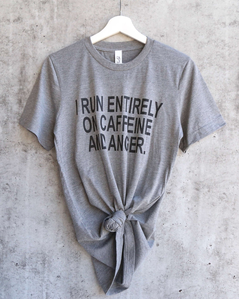 Distracted - I Run Entirely on Caffeine & Anger Funny Unisex T-Shirt in Heather Grey