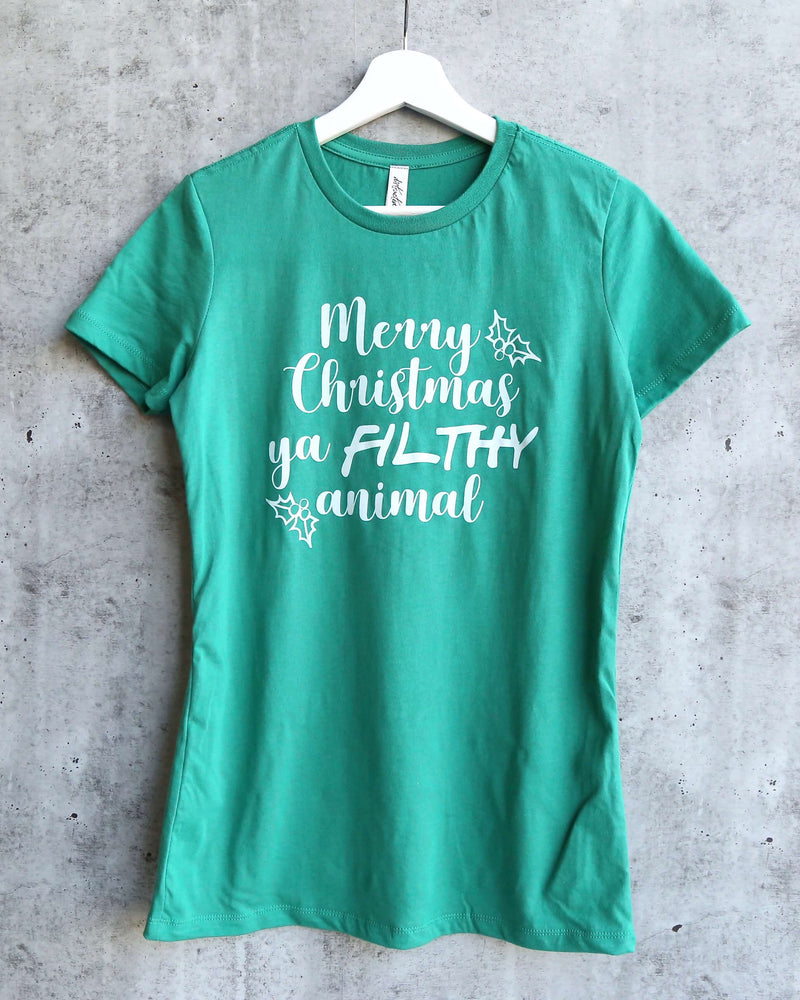 Distracted - Merry Christmas Ya Filthy Animal Women's Fitted Graphic Tee in Kelly Green