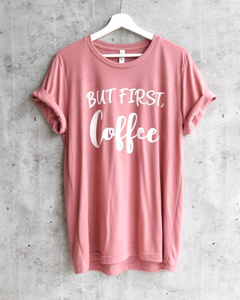 Distracted - But First, Coffee Unisex T-Shirt in Mauve/White