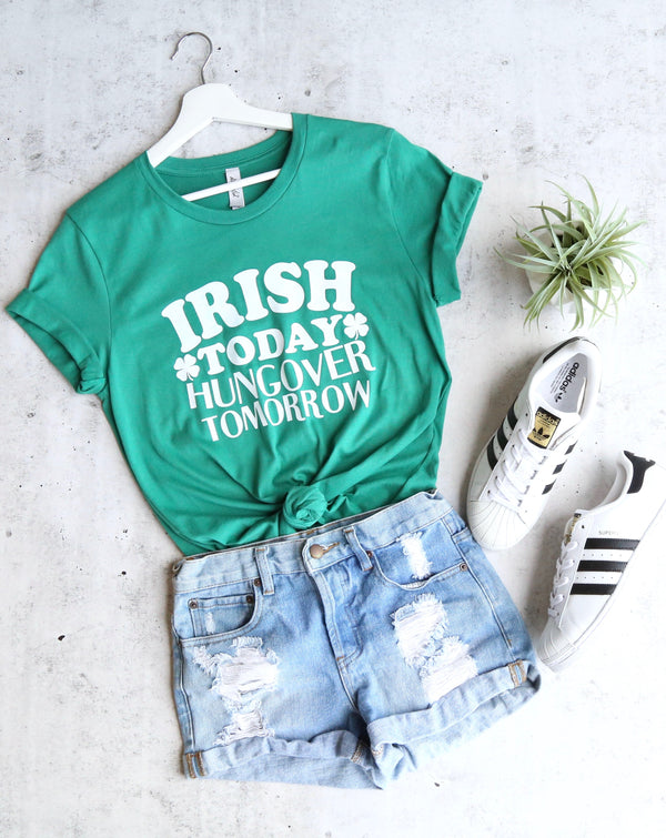 Distracted - Irish Today Hung Over Tomorrow Saint Patrick's Day Unisex Cotton T-Shirt in Kelly Green/White