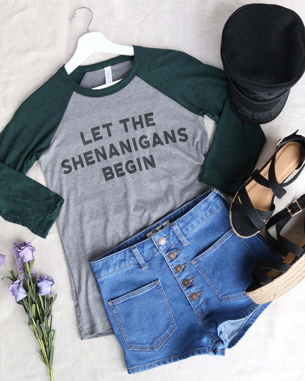 Distracted - Let the Shenanigans Begin Saint Patrick's Day Unisex 3/4 Sleeve Baseball Tee in Green/Grey