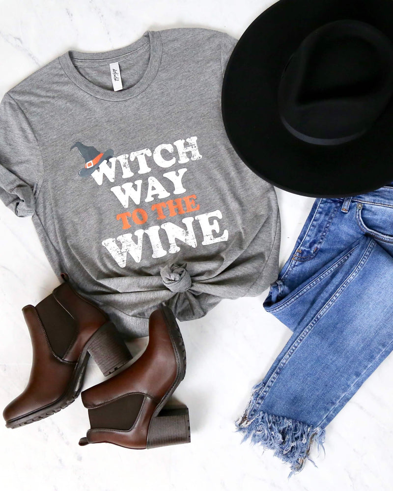 Distracted - Witch Way to the Wino Halloween Graphic Tee - Heather Grey