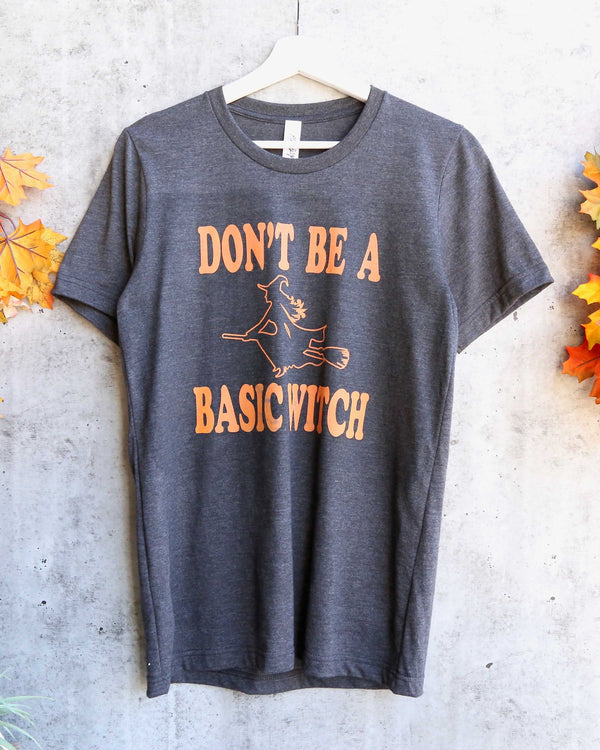 Distracted - Don't Be a Basic Witch Halloween Graphic Tee in Dark Heather Charcoal Grey