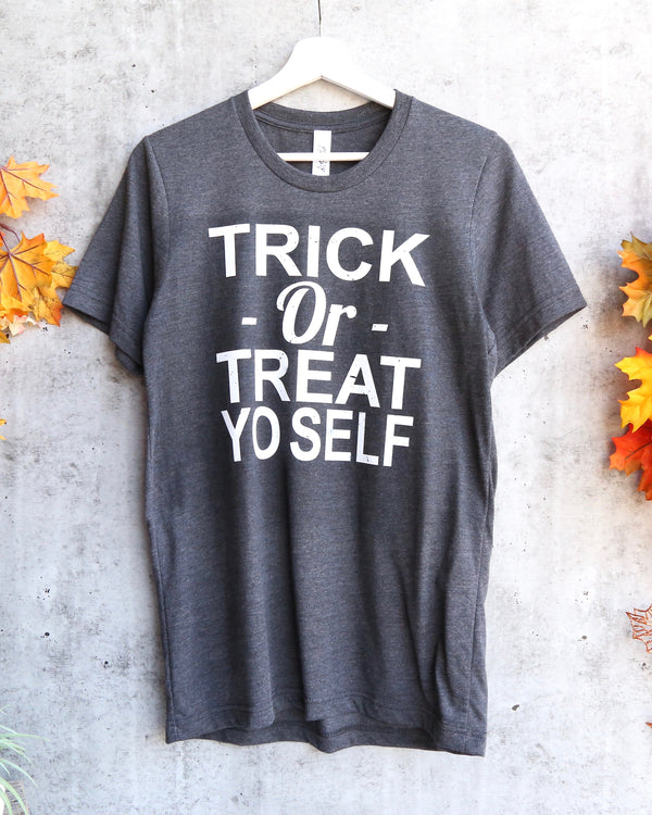 Distracted - Trick or Treat Yo Self Halloween Graphic Tee in Dark Heather Charcoal Grey