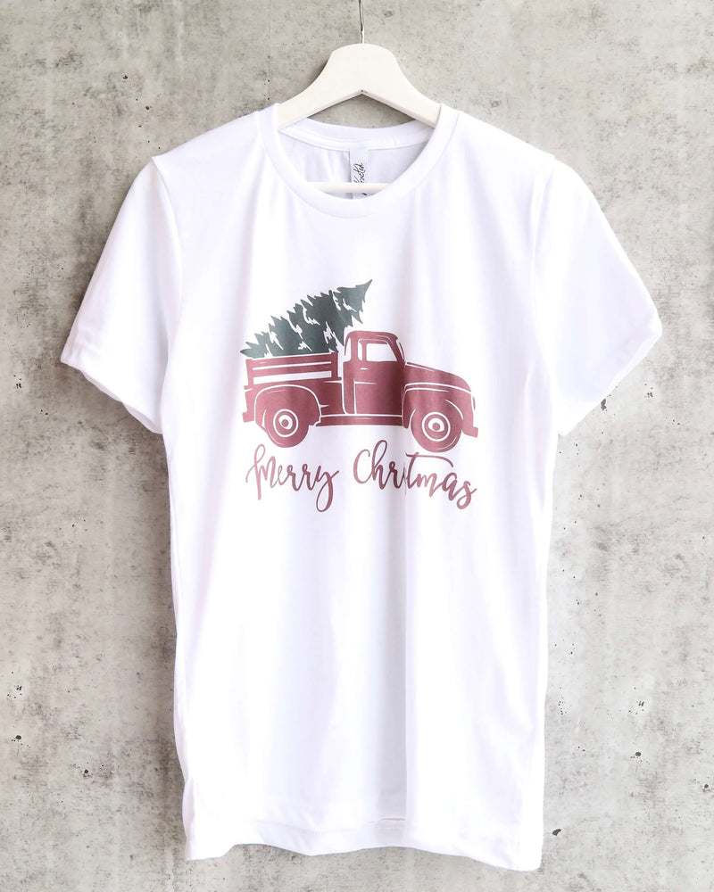 Distracted - Merry Christmas with Vintage Truck Unisex Graphic Tee in White