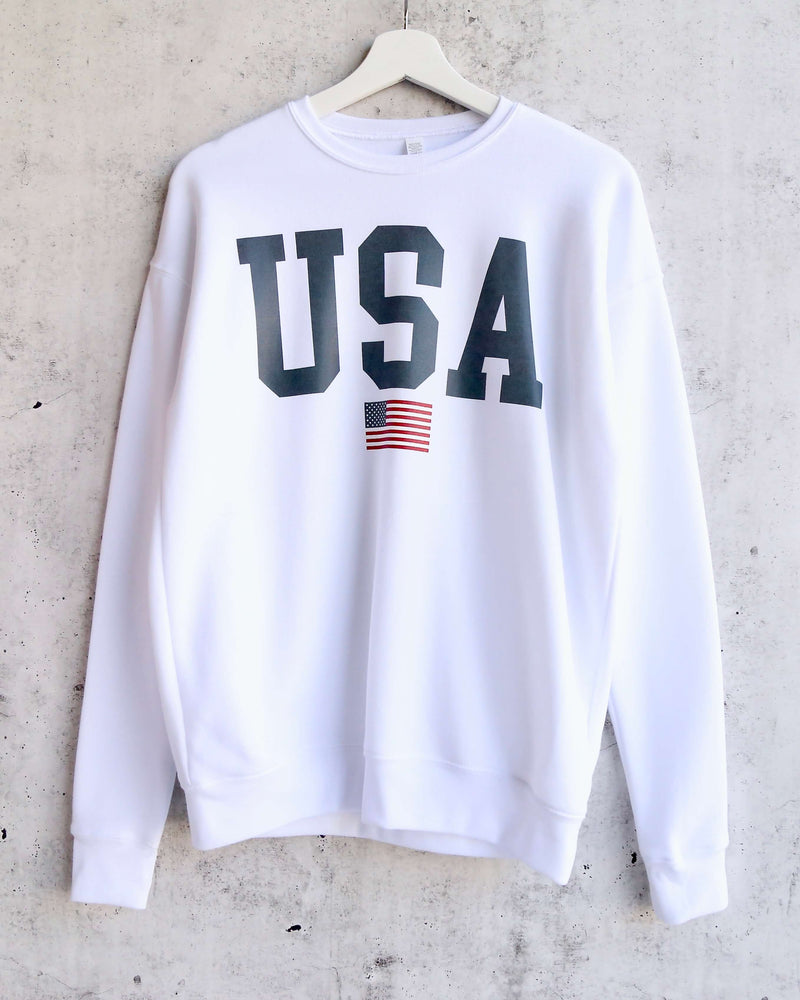 Distracted - USA Graphic Unisex Sponge Fleece Drop Shoulder Pullover Sweatshirt - White