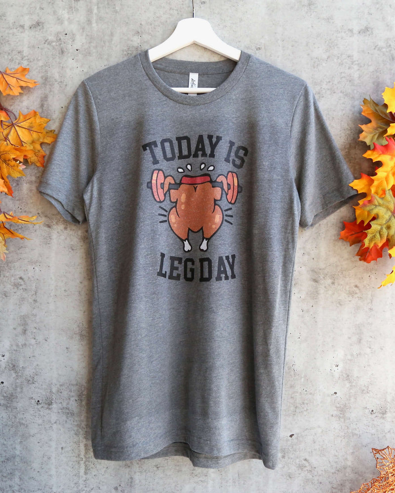 Distracted - Today is Leg Day Thanksgiving Unisex Graphic Tee in Heather Grey