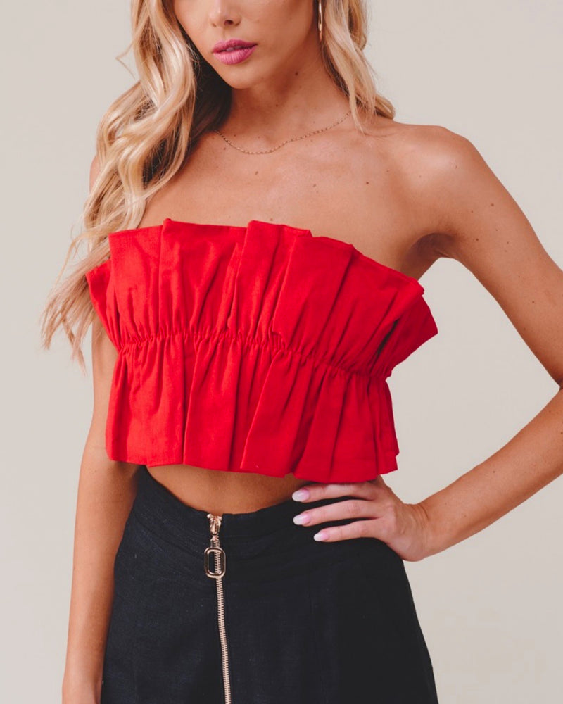 Double Take Ruffled Crop Top in Red