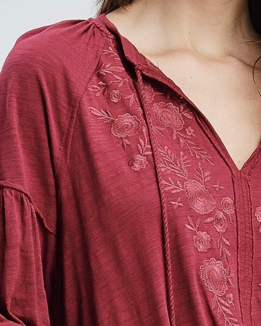 Drop Shoulder Boho Tassel Top with Embroidered Detail in Burgundy