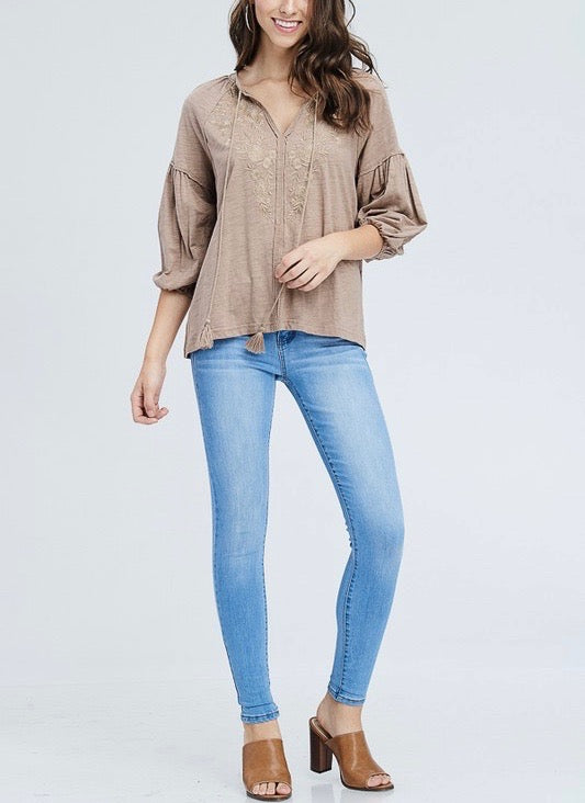 Drop Shoulder Boho Tassel Top with Embroidered Detail in Taupe