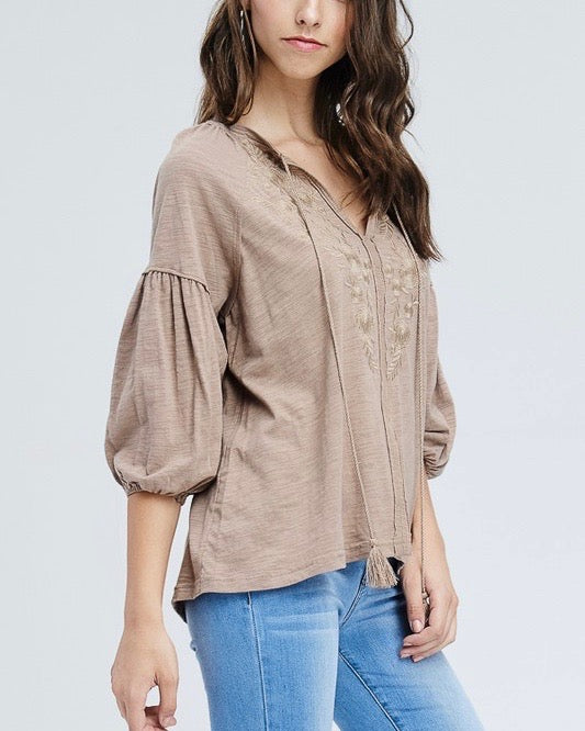 Drop Shoulder Boho Tassel Top with Embroidered Detail in Taupe