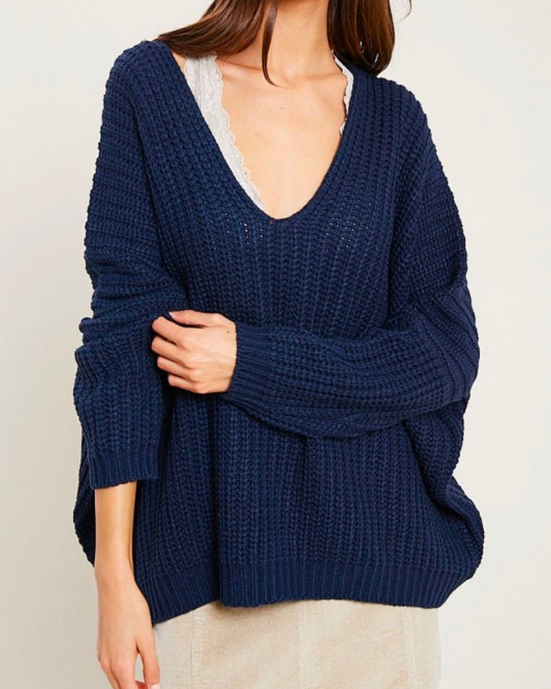 Eight Letters V-Neck Oversized Knit Sweater in Navy – Shop Hearts