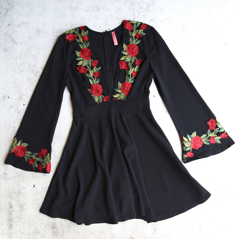 Waste the Night Long Sleeve Dress with Rose Patches in Black