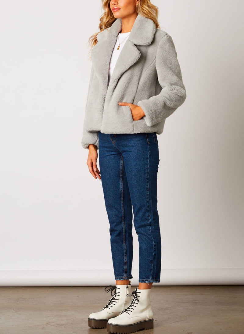 Cotton Candy LA - Faux Fur Jacket with Notched Collar and Hidden Pockets in Dove Grey
