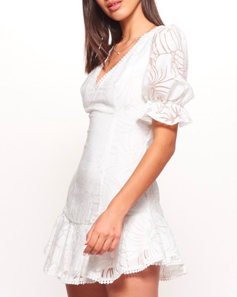 Floral Lace Crochet Short Puffy Sleeve Backless Mini Dress with Ruffle Hem in White
