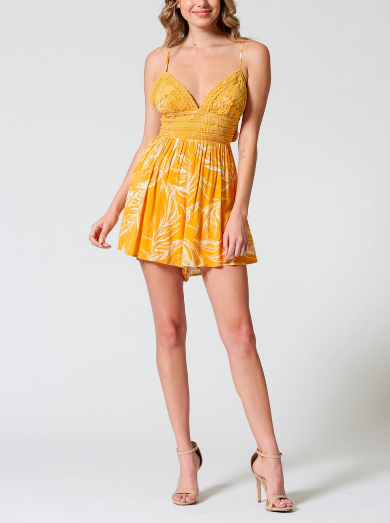 Floral Lace Inset Romper in Mustard