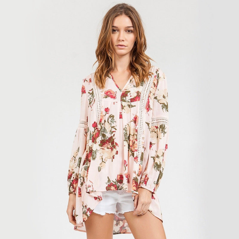 Blu Pepper - Floral Tunic With Crochet Inset Detailing - Pink Multi