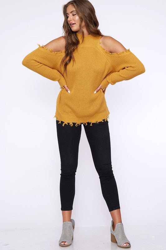 Frayed Hem Cold Shoulder Sweater in Mustard – Shop Hearts