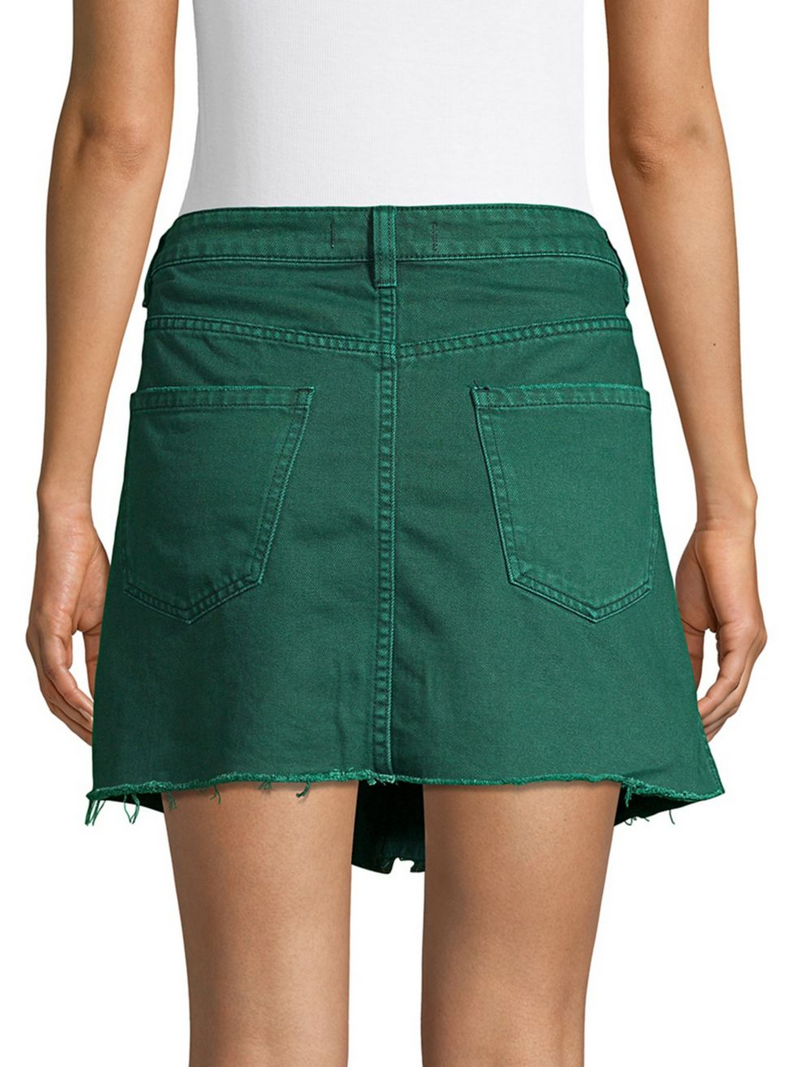 Free People - Front Zip It Up Denim Mini Skirt With Frayed Hem in Wilderness Green