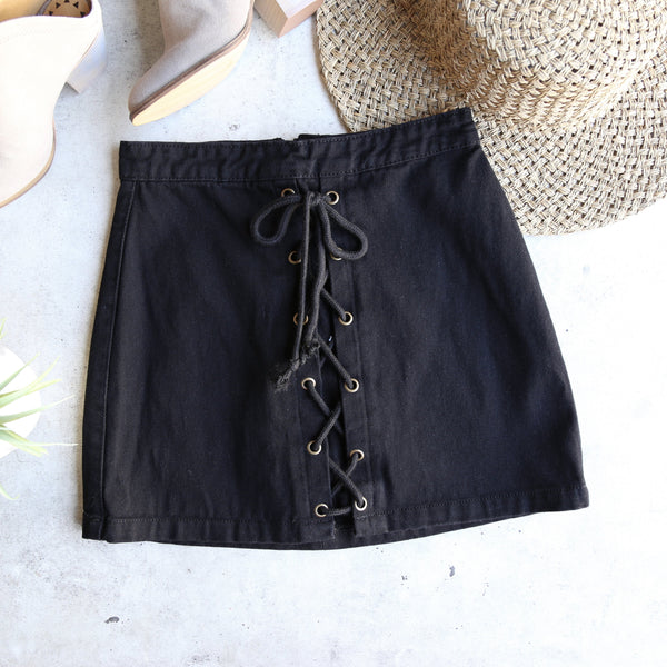 Kendall Denim Lace Up Skirt in Black