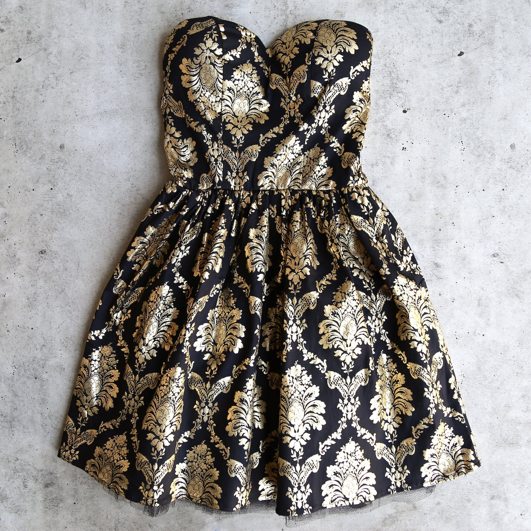 Final Sale - Strapless Gold Baroque Print Dress in Black Shop Hearts Final Sale - Strapless Gold Baroque Print Dress in Black Shop Hearts