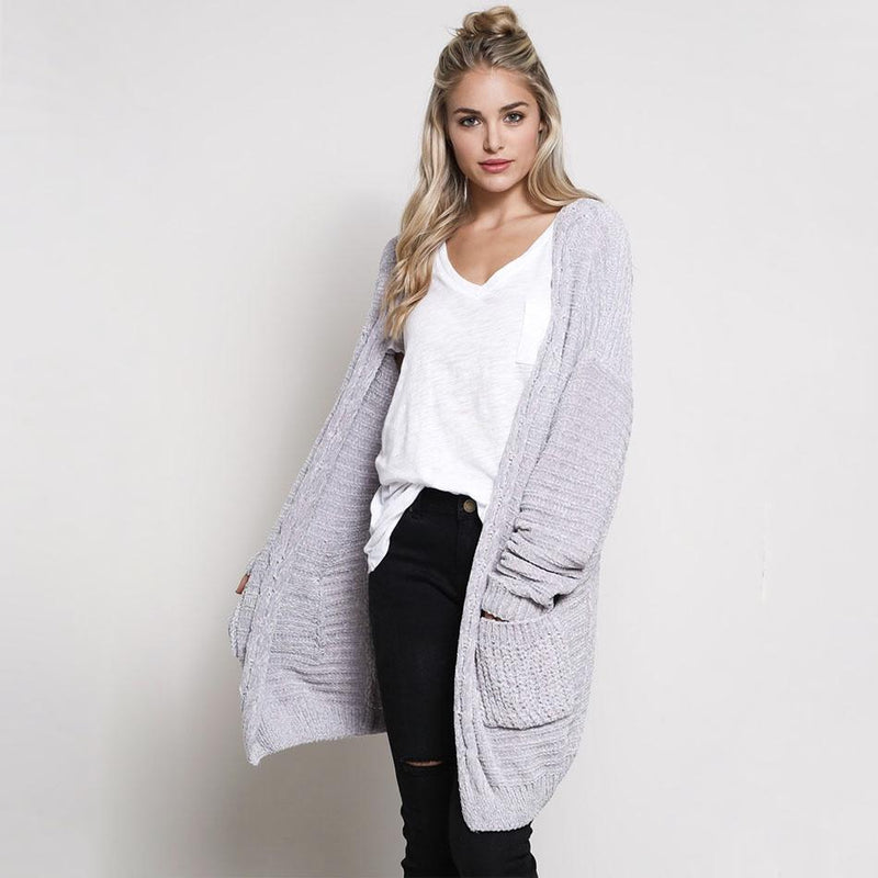 Textured Chenille Knit Shawl Cardigan in Silver
