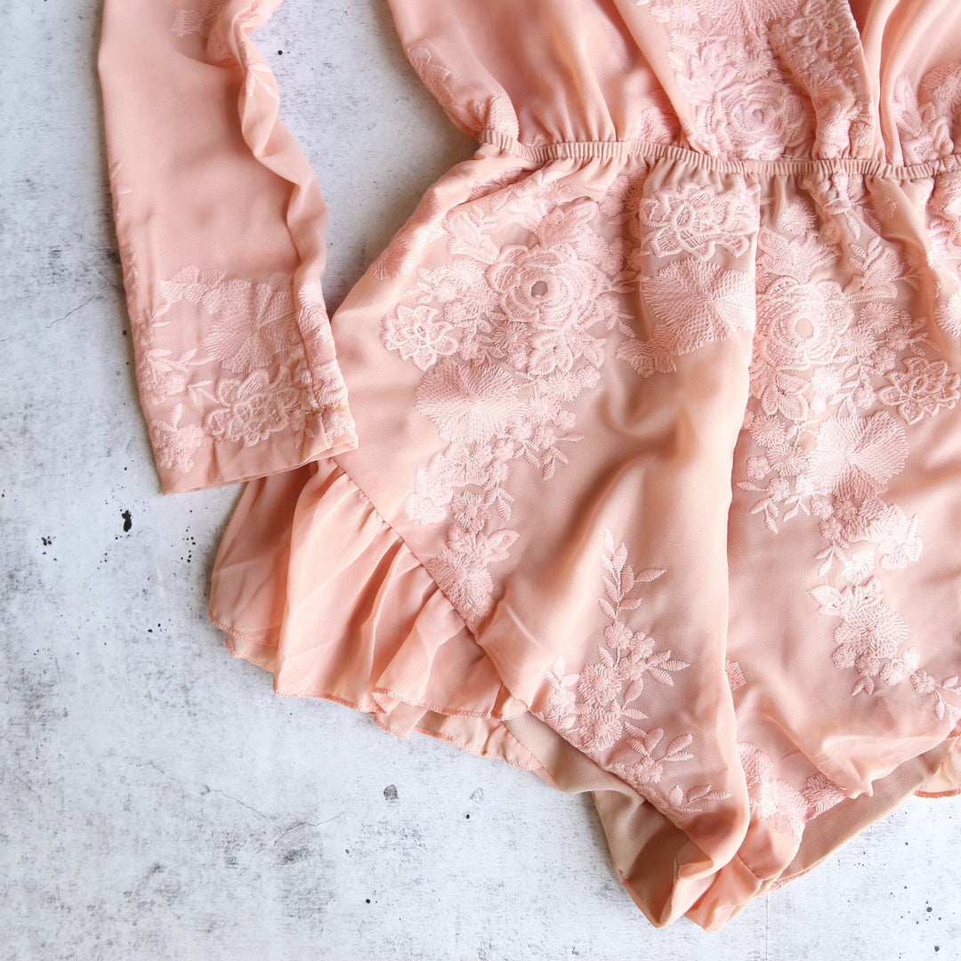 Final Sale - LIONESS - Gauze Embroidered Surplice Romper with Ruffle Hem -Blush