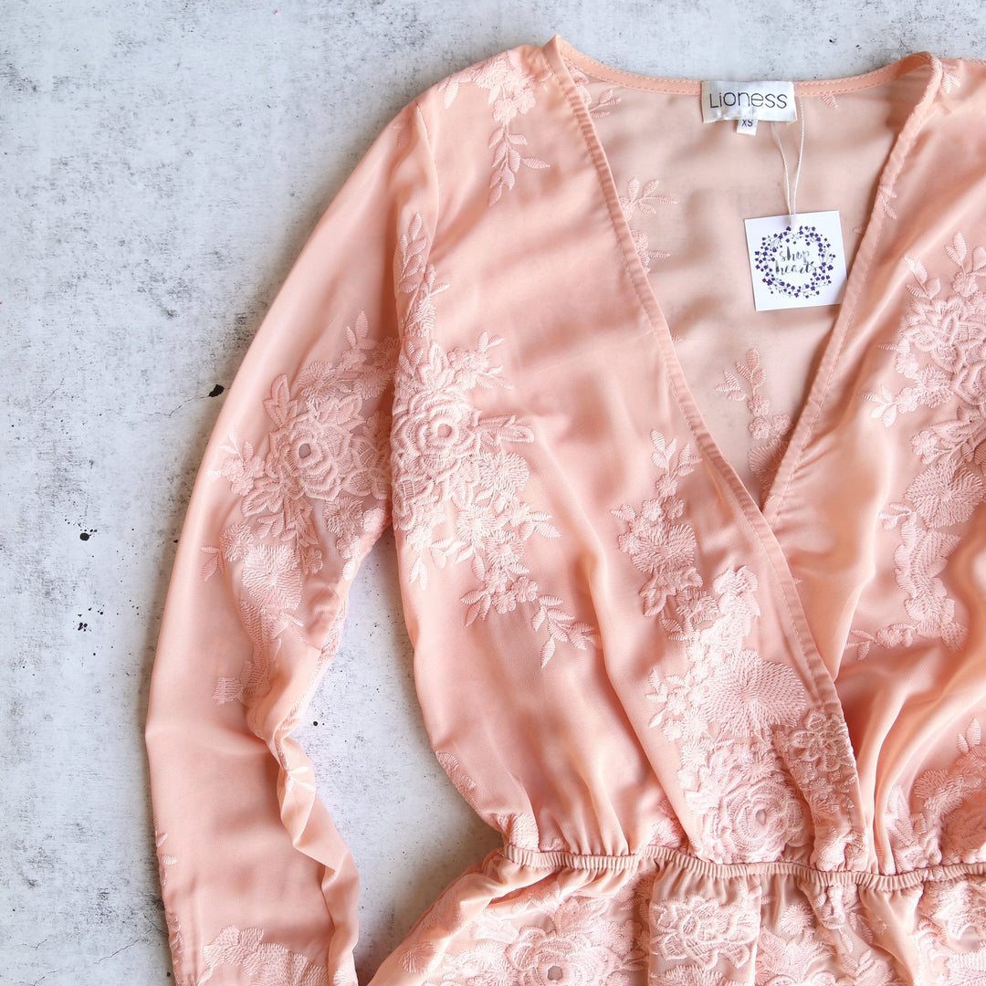 Final Sale - LIONESS - Gauze Embroidered Surplice Romper with Ruffle Hem -Blush