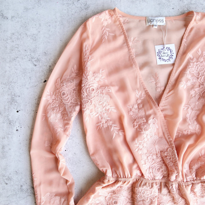Final Sale - LIONESS - Gauze Embroidered Surplice Romper with Ruffle Hem -Blush
