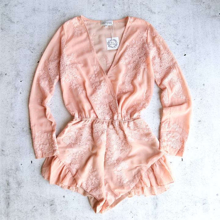 Final Sale - LIONESS - Gauze Embroidered Surplice Romper with Ruffle Hem -Blush