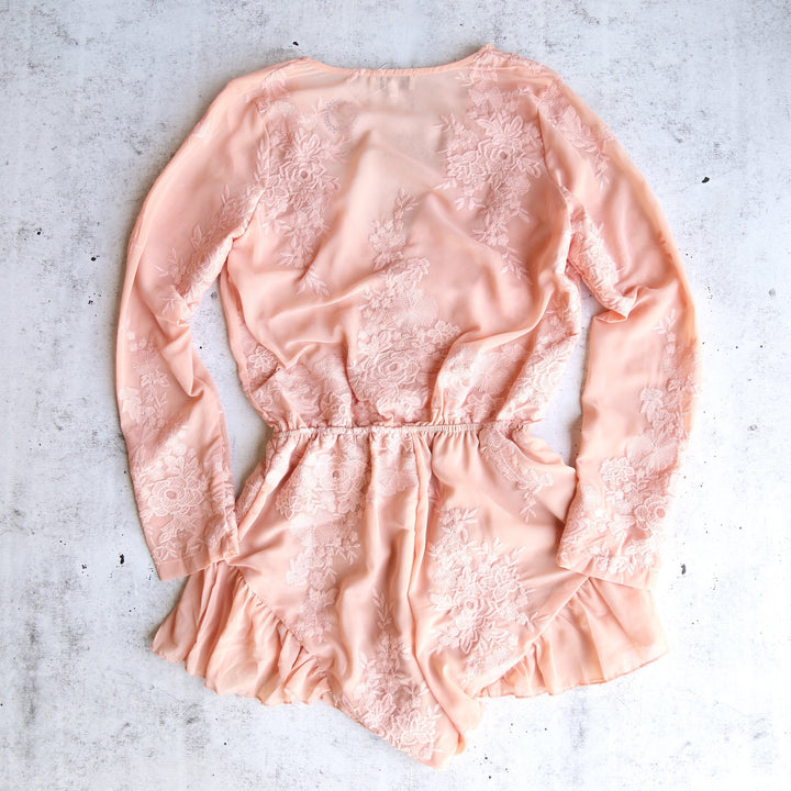 Final Sale - LIONESS - Gauze Embroidered Surplice Romper with Ruffle Hem -Blush