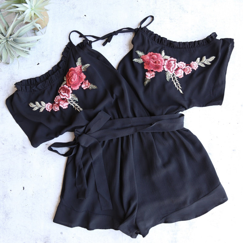 Peek-a-Boo Romper with Floral Applique and Ruffle Hem - More Colors