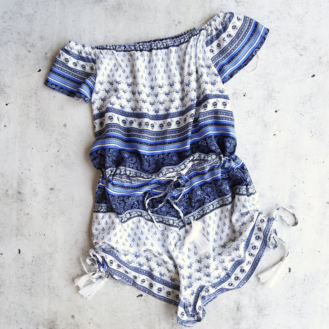 Final Sale - Lovecat - Vacation Ready Romper in White/Blue