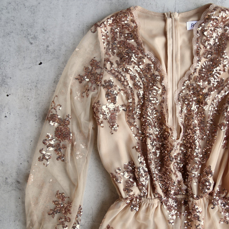 reverse - life of the party sequin romper rosegold gold