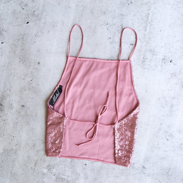 Motel - Backless Mini Sequin Top in Sugar Pink