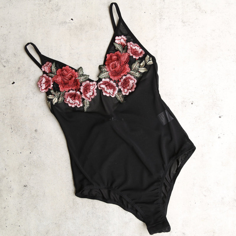 Patches of Roses Mesh Bodysuit in Black with Floral Applique
