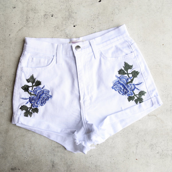 High Waisted Shredded Hot Shorts with Floral Applique in White